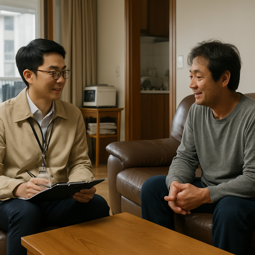 가정 방문 상담 중인 사회복지 담당자와 주민