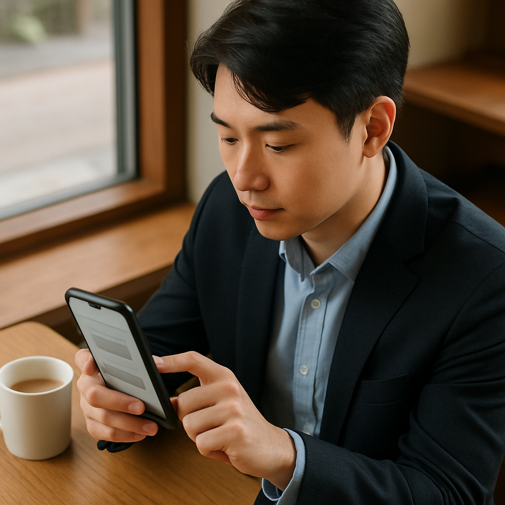 모바일로 신청을 확인하는 직장인