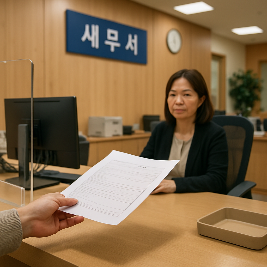 세무서 창구에서 서류 제출하는 손