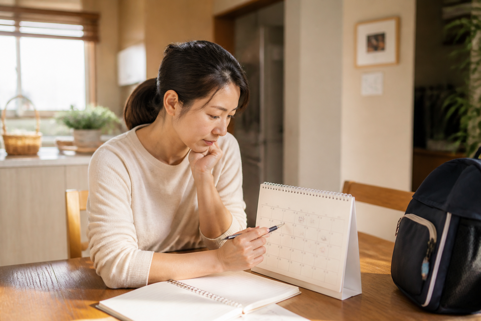 가정에서 육아 일정과 급여 계획을 확인하는 부모