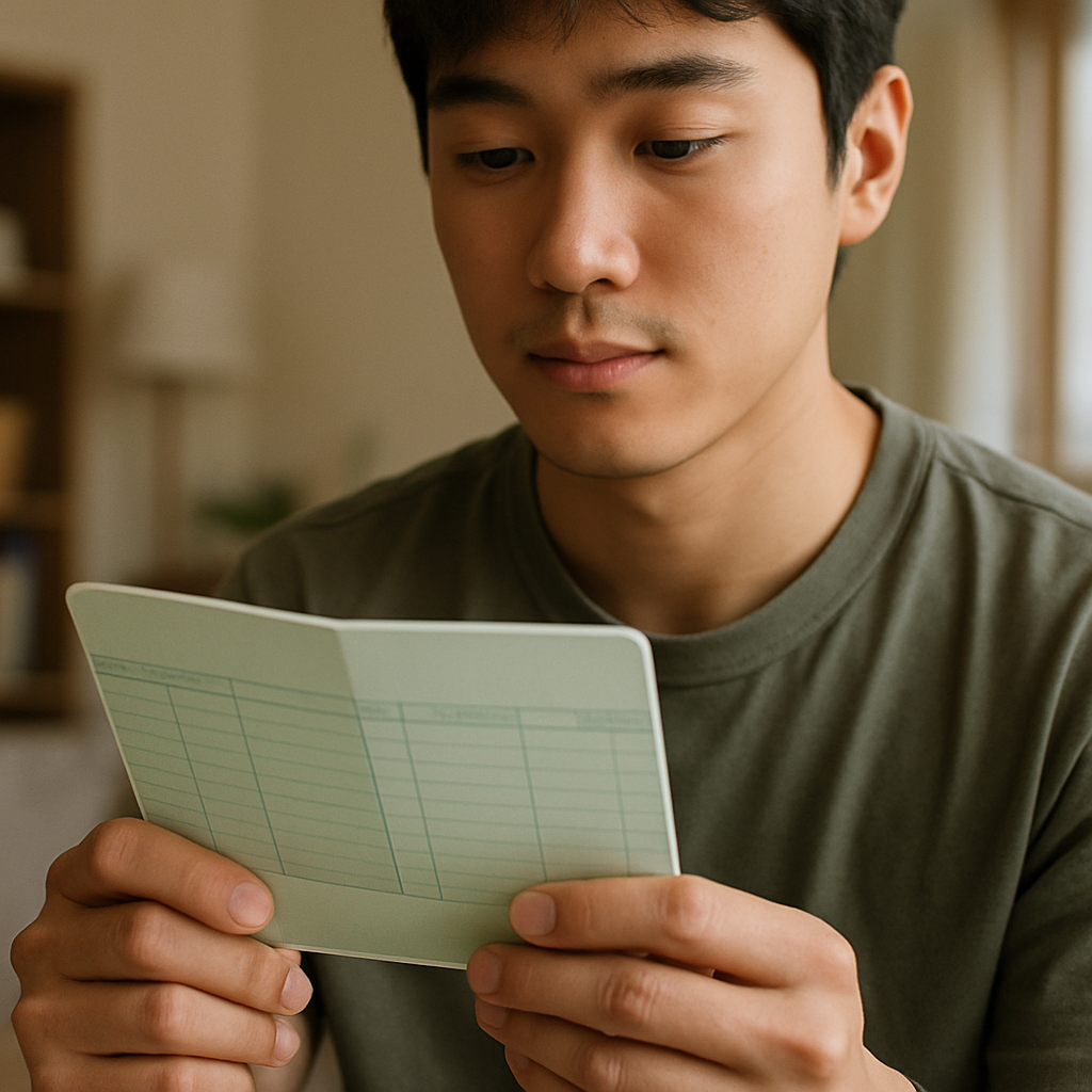 통장과 주거를 배경으로 한 청년의 근접 사진