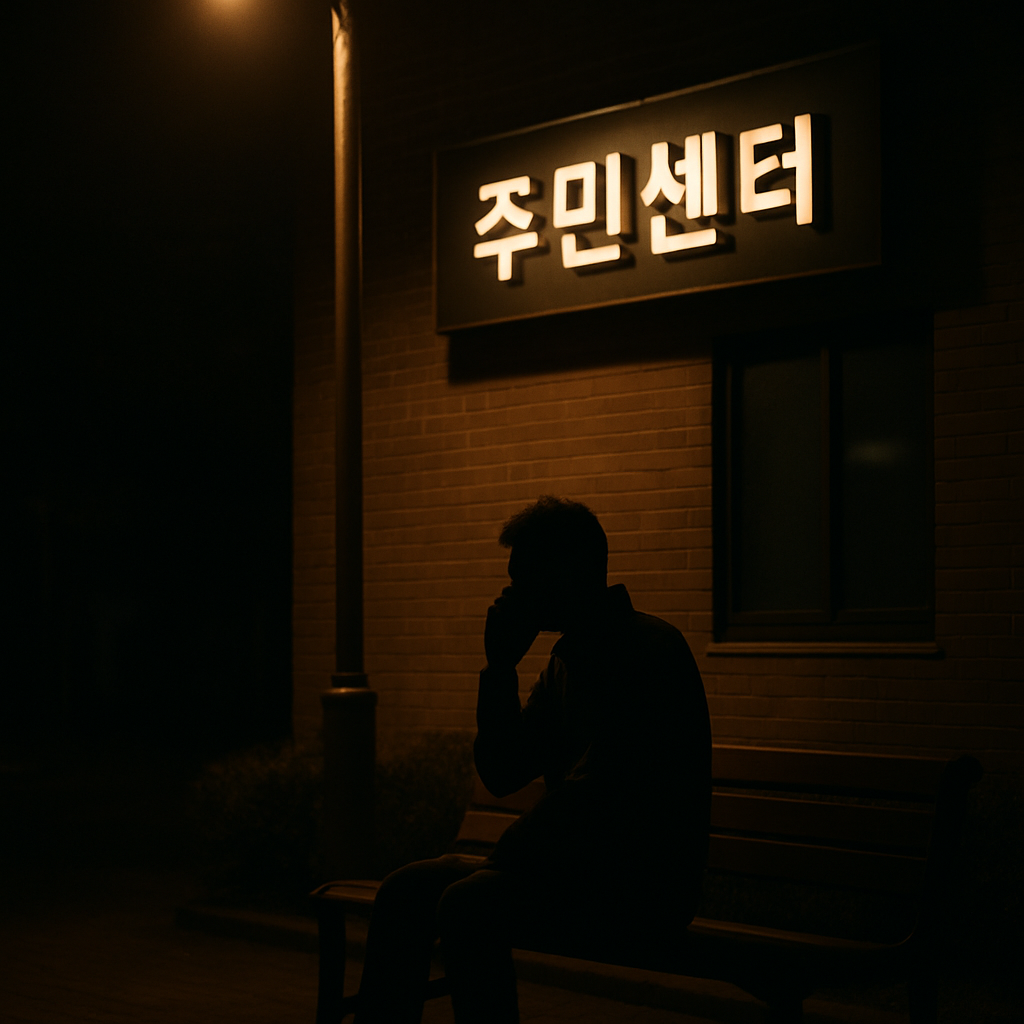 주민센터 앞 벤치에서 통화하는 사람의 실루엣