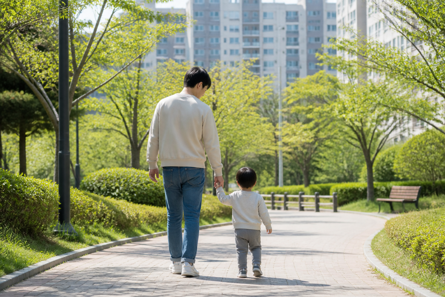 아이와 공원을 걷는 부모의 일상