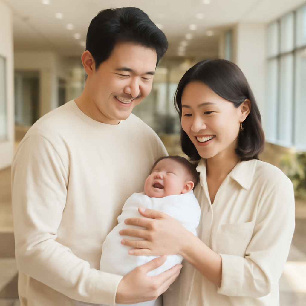 병원 로비에서 기뻐하는 가족