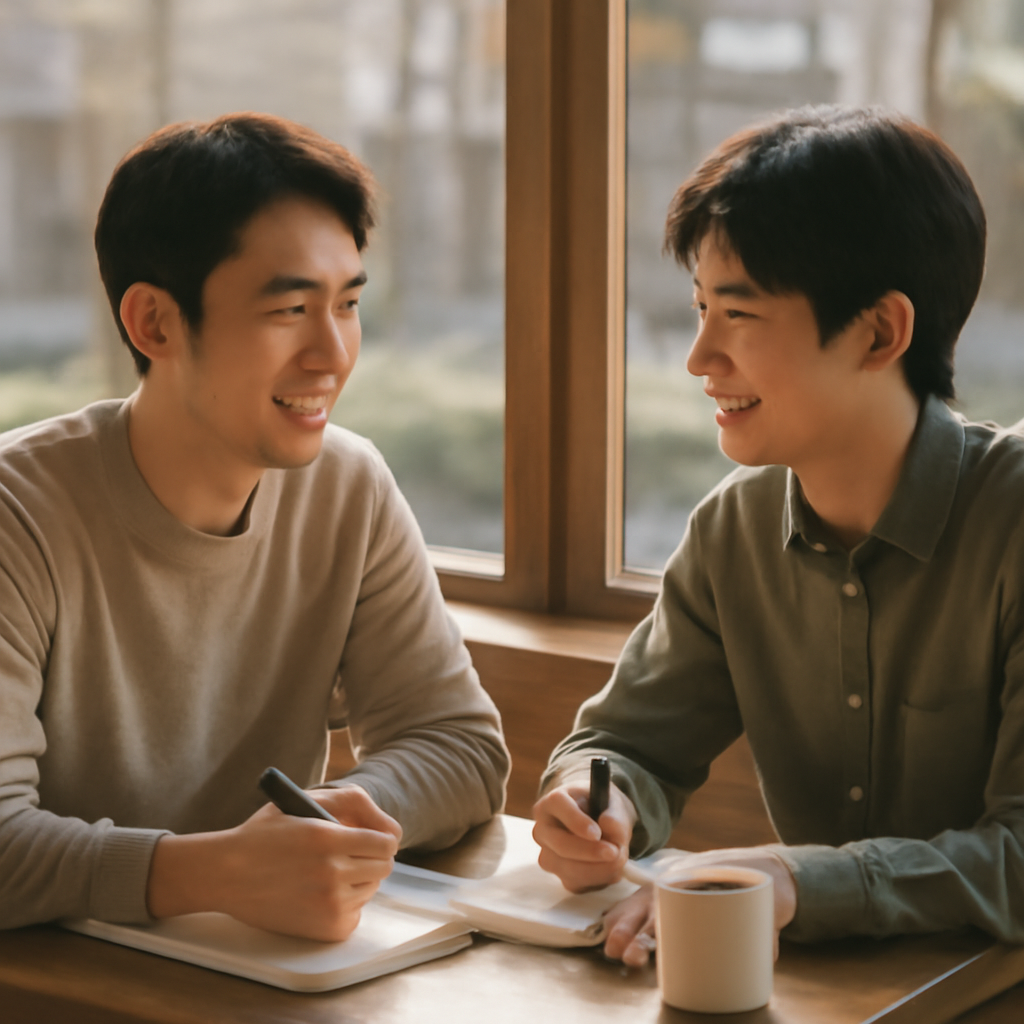 카페에서 상담하는 두 청년의 모습