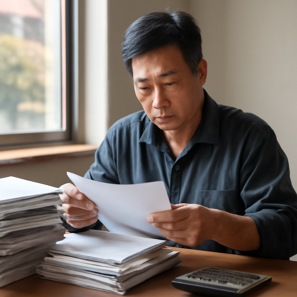 서류와 계산기 정리하는 근로자