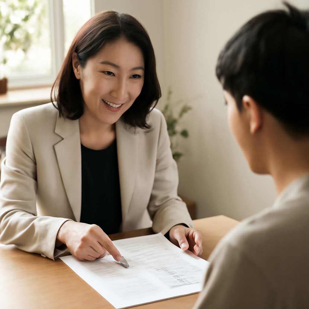 상담자가 서류를 설명하는 장면