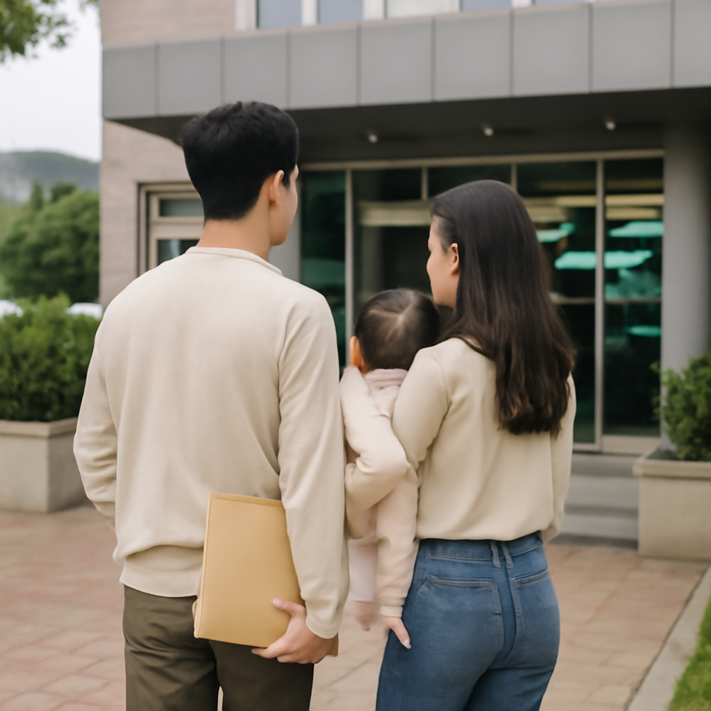읍내 주민센터 앞에서 서류를 든 부모