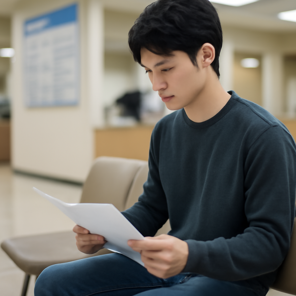 세무서 대기실에서 서류를 보는 사람 옆모습