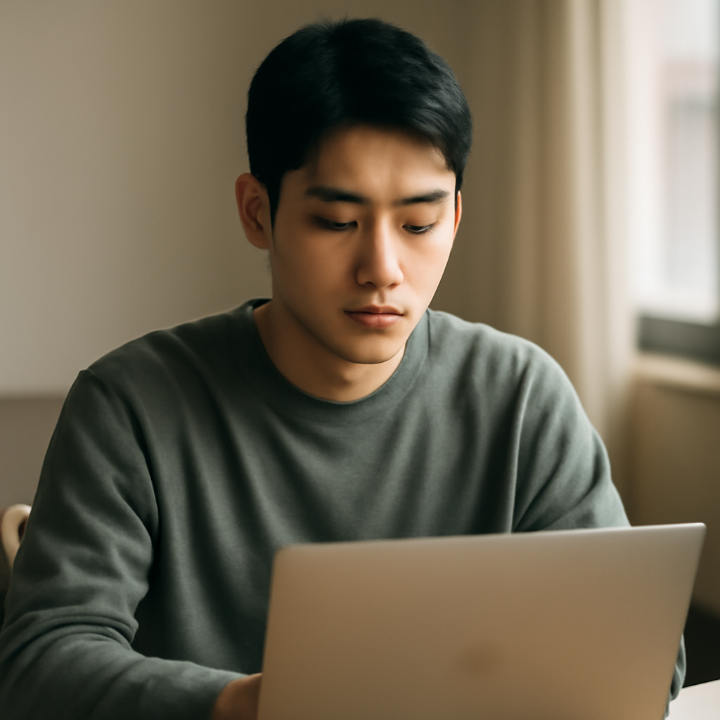 노트북 앞에서 신청 준비하는 청년