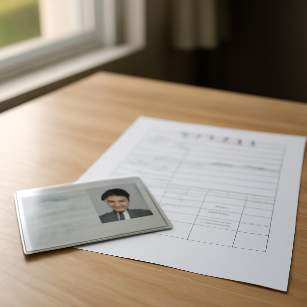 창가의 서류와 신분증이 놓인 책상