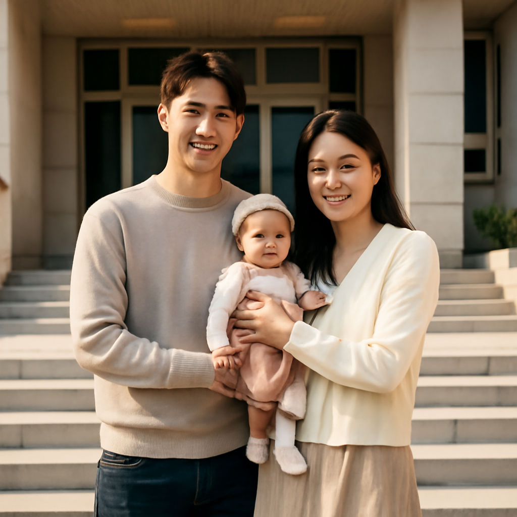 관공서 앞 계단에 서 있는 젊은 부모와 아기