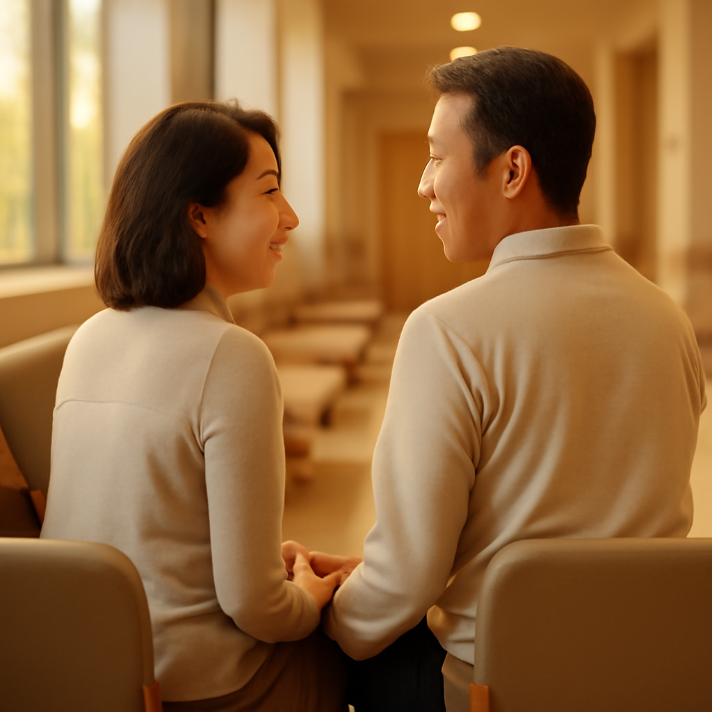 병원 대기실에서 상담을 기다리는 부부의 뒷모습