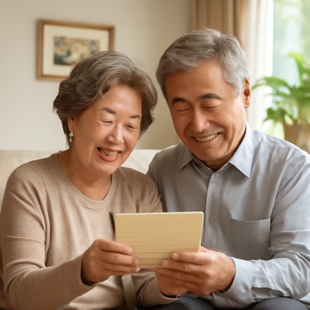 통장을 보며 웃는 노부부