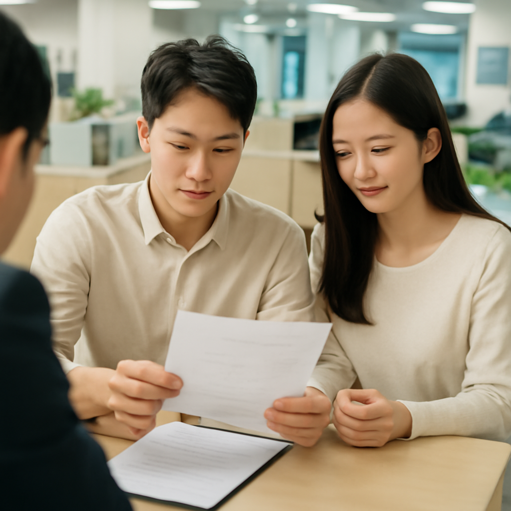 상담 책상에서 서류를 준비하는 부모