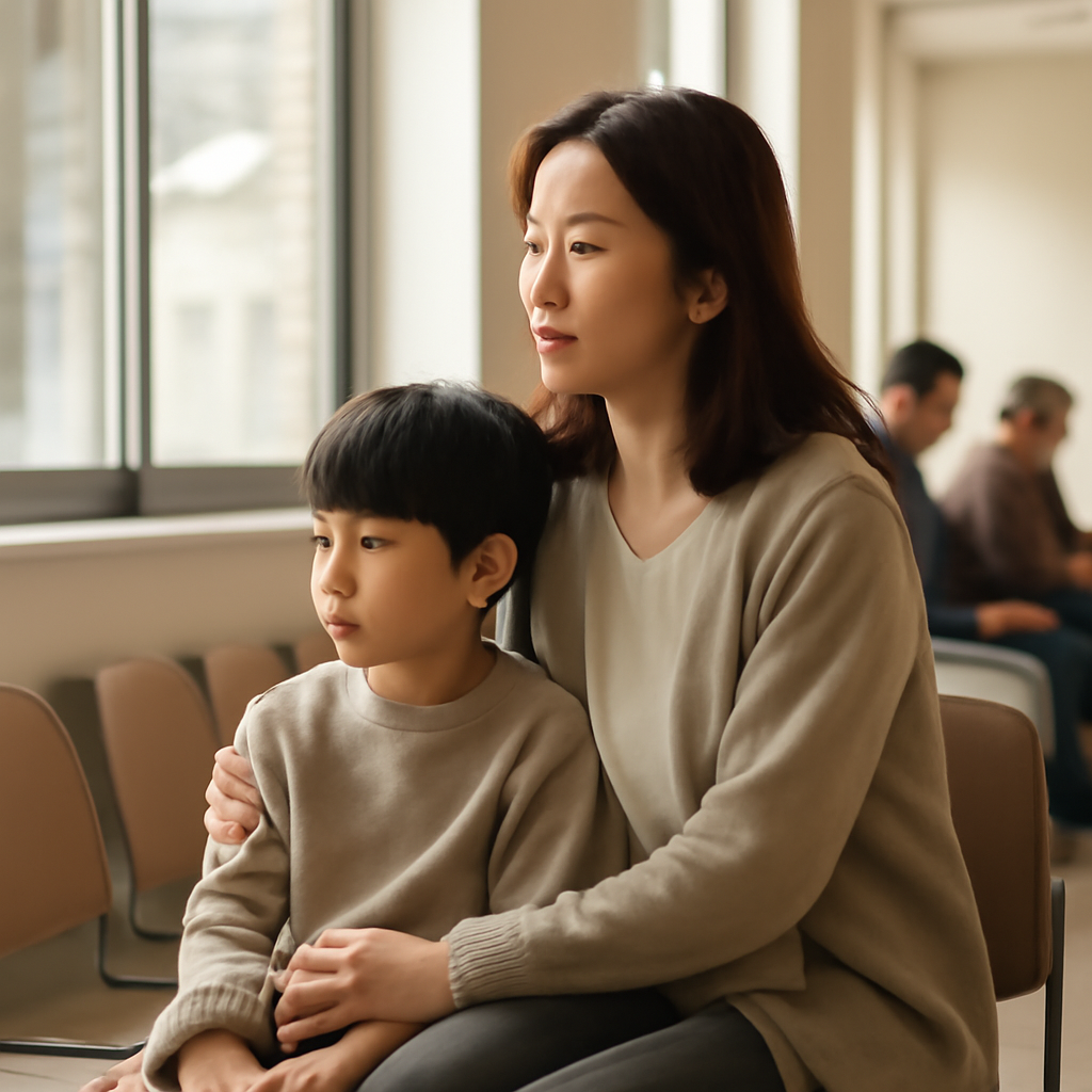 대기실에 앉아 있는 보호자와 어린이