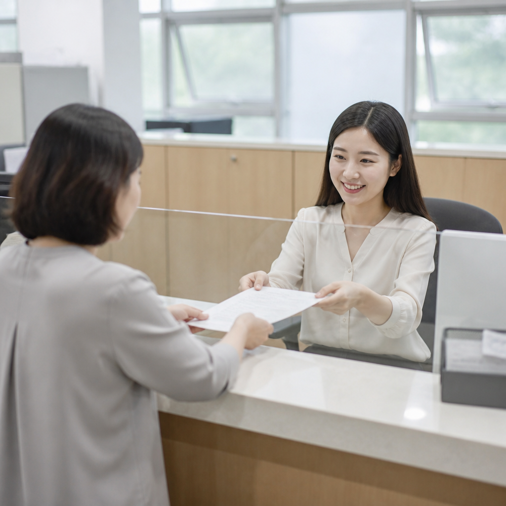 세무과 창구에서 서류 접수하는 장면