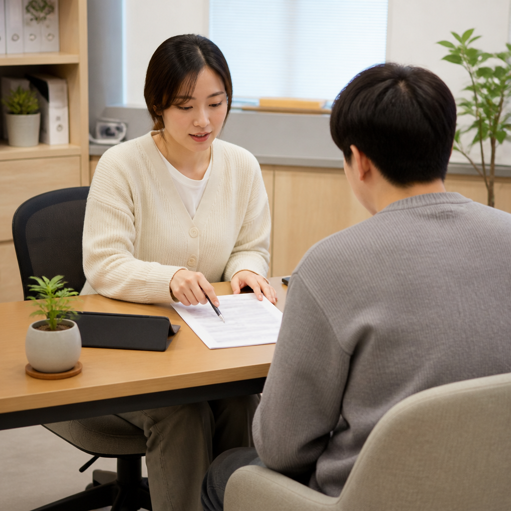 복지센터에서 상담 중인 보호종료청년과 상담사